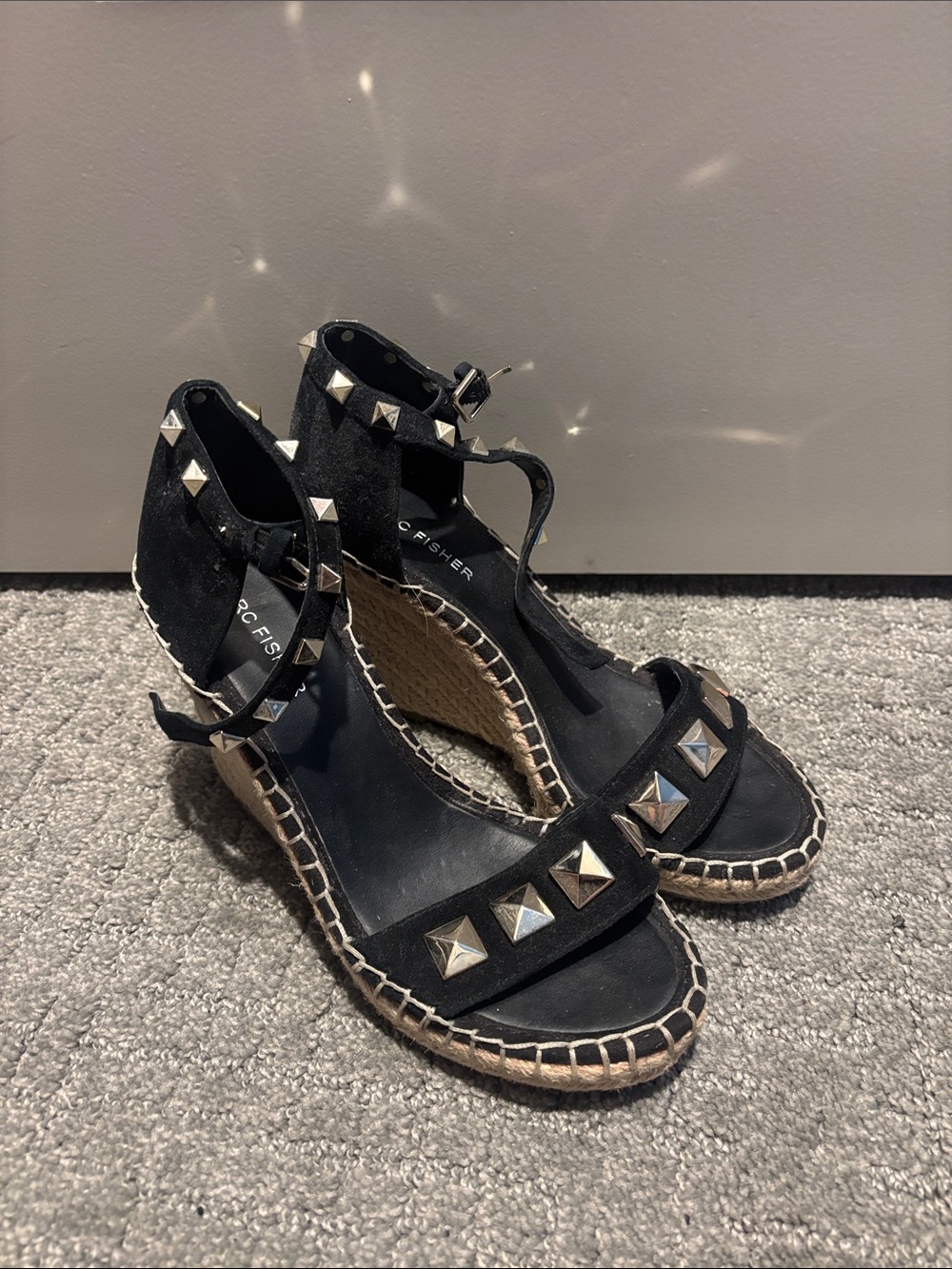 Marc Fisher Black Studded Espadrille Wedge Sandals